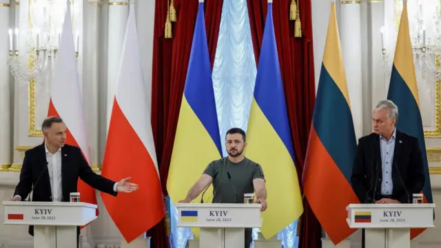 The presidents of Ukraine, Lithuania and Poland speak at a joint press conference