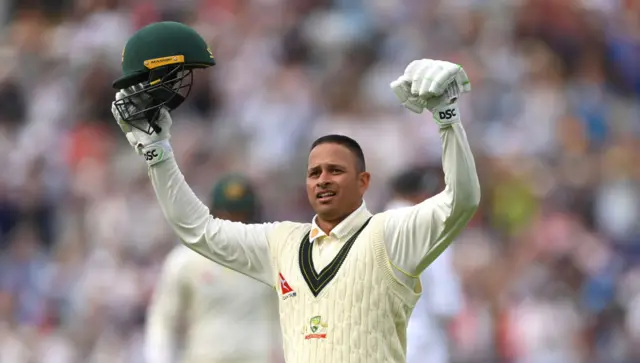 Usman Khawaja celebrating a century against England