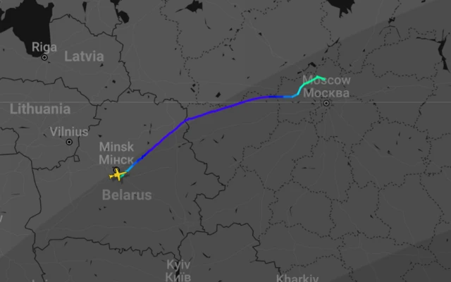 A map tracing the movements of a plane linked to Prigozhin after it left Belarus last night