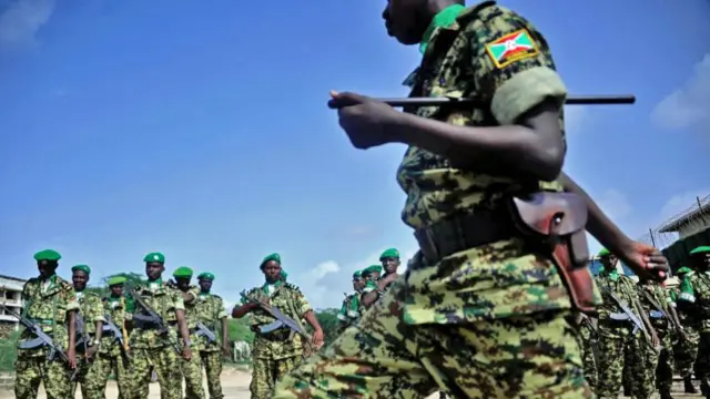 African Union soldiers from Burundi stand to attention in Mogadishu - July 2017