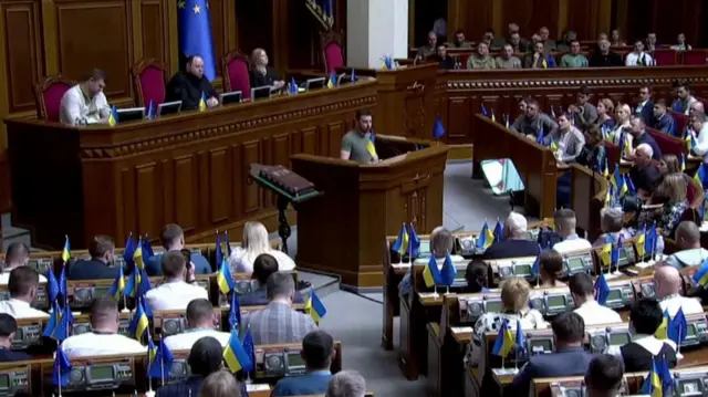 President Zelensky addressing Ukraine's parliament