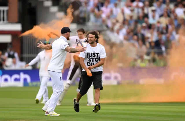 Ben Stokes confronts a Just Stop Oil protestor on the Lord's outfield