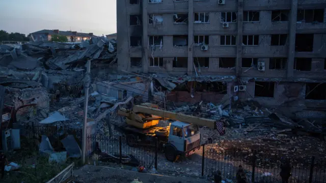 A hotel and restaurant buildings damaged by the missile strike.