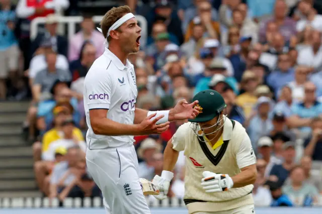 Stuart Broad reacts