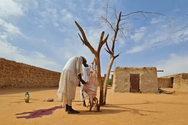 Men prepare mutton for an Eid al-Adha feast in Wad Hamid, Sudan.