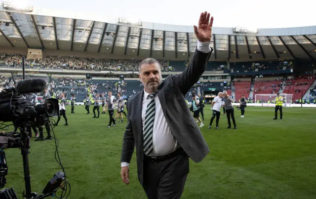 Ange Postecoglou waves to the Hampden crowd