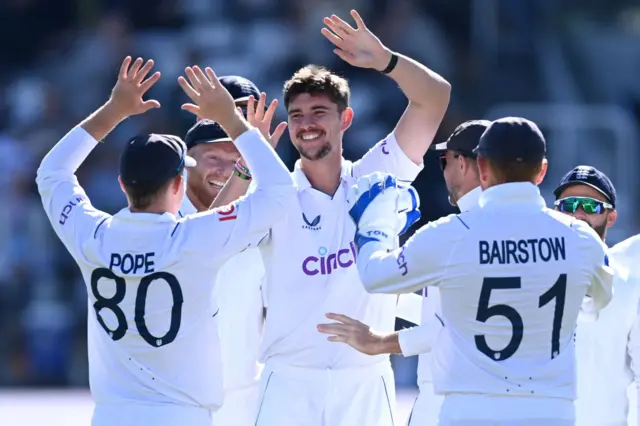 Josh Tongue celebrating a wicket