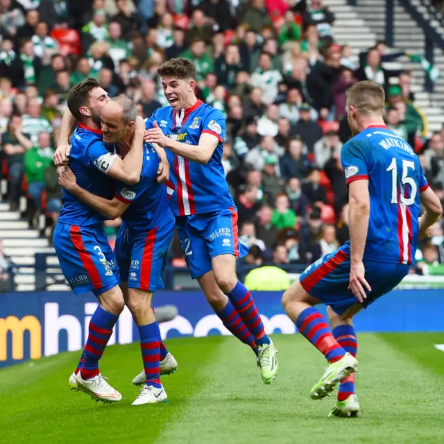 Inverness players celebrate David Raven's 117th-minute winner against Celtic in 2015