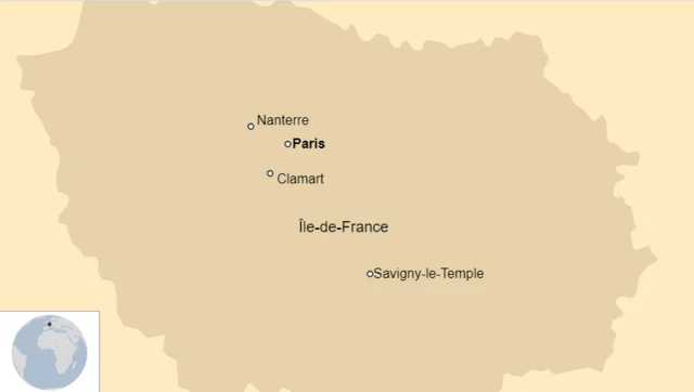 Paris map pointing out Nanterre, central Paris, Clamart and Savigny-le-Temple