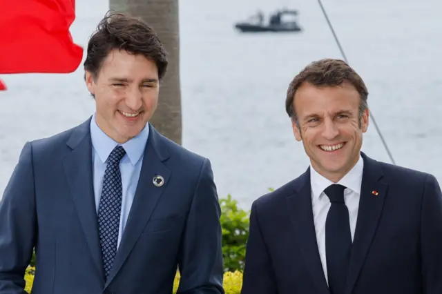 Justin Trudeau and Emmanuel Macron at G7 in Japan in May