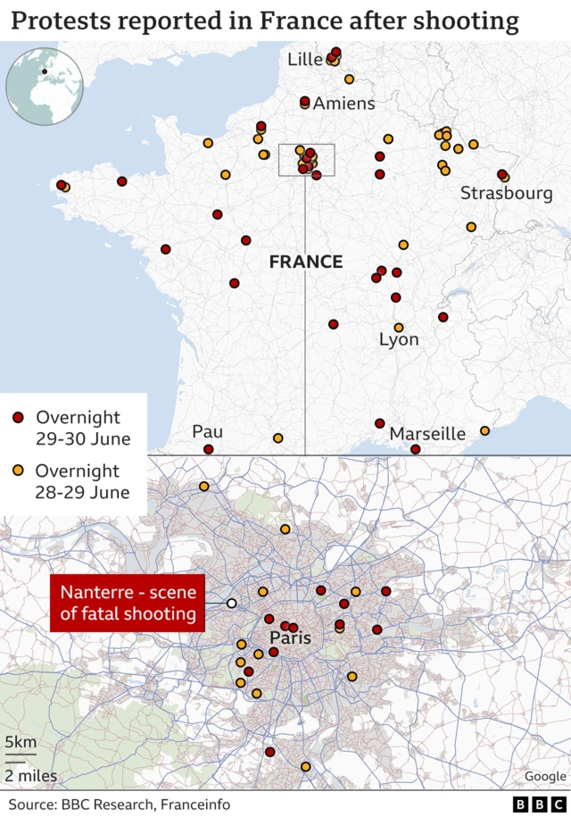 Map showing where the France riots have taken place