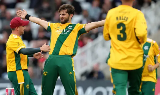 Shaheen Shah Afridi celebrates a wicket