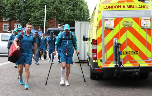 Nathan Lyon on crutches