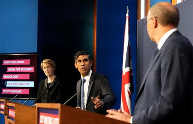 Chief Executive of NHS England, Amanda Pritchard, Prime Minister Rishi Sunak and National Medical Director of NHS England, Professor Stephen Powis, during a press conference in Downing Street in London, as the NHS and Government launch the first ever Long Term Workforce Plan in the history of the NHS.