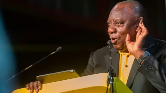 Cyril Ramaphosa on stage at an ANC rally in the past.