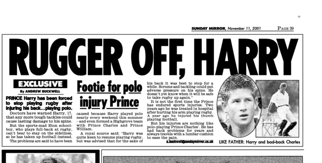 Sunday Mirror article about Prince Harry's sporting injuries