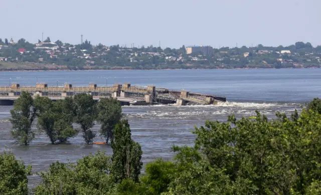 A view shows the Nova Kakhovka dam that was breached in the course of Russia-Ukraine conflict, in the Kherson Region, Russian-controlled Ukraine, June 6, 2023