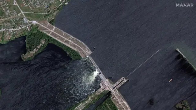A satellite image shows Nova Kakhovka Dam in Kherson region, Ukraine June 5, 2023.