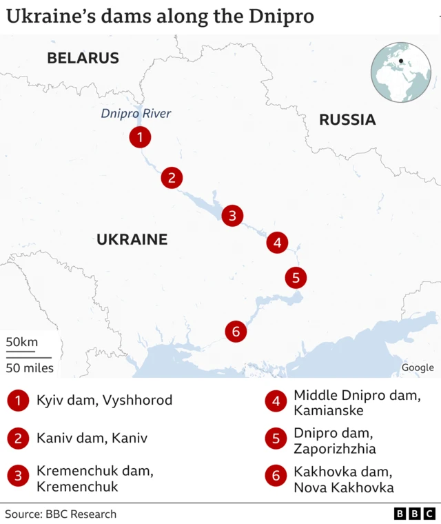 Map highlighting Ukraine's dams along the Dnipro