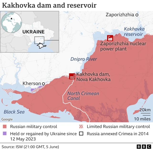 Map showing location of the Kakhovka dam