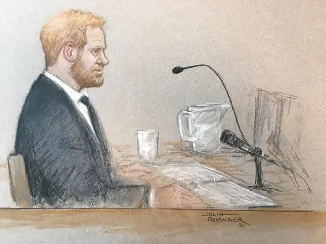 Court sketch of Prince Harry, Duke of Sussex, giving evidence at the Rolls Building