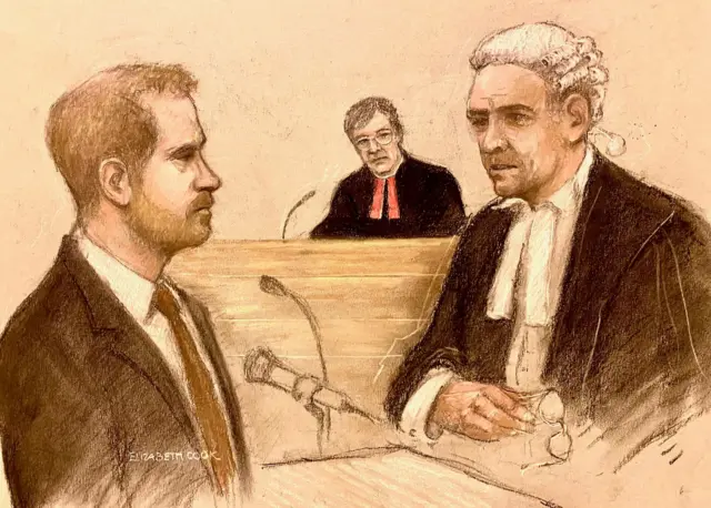 Prince Harry (left) being cross examined by Andrew Green KC (right) with the judge in the middle