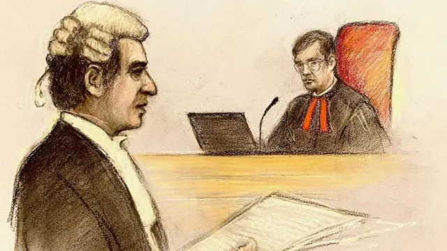 Court artist sketch of David Sherborne (left), outlining the Duke's case to Mr Justice Fancourt