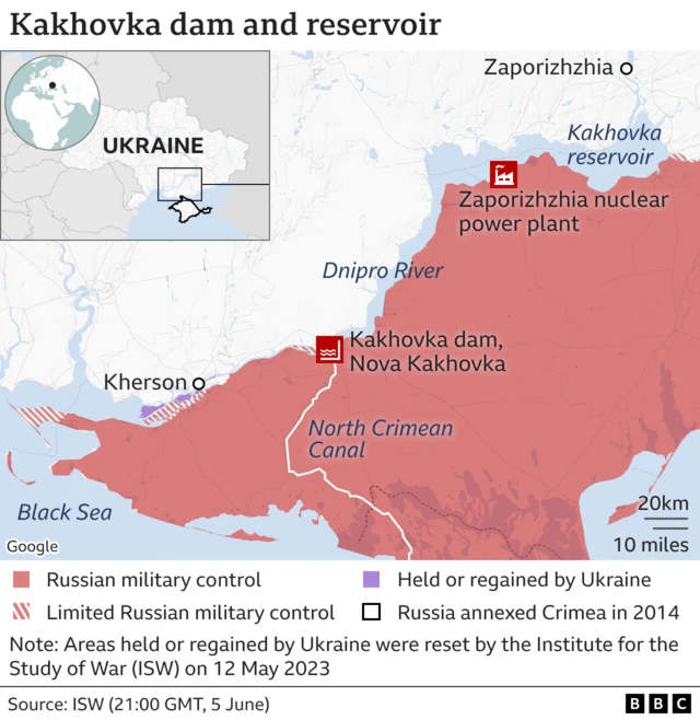 Map of highlighting location of the Kakhovka dam
