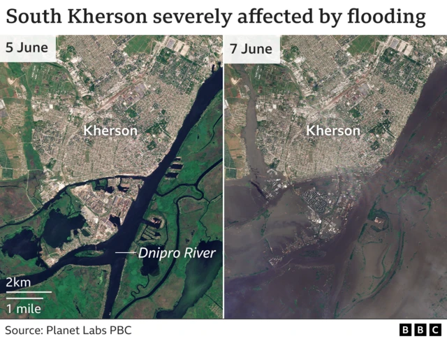 A graphic showing aerials of south Kherson severely affected by flooding - comparing the situation on 5 June with the situation on 7 June