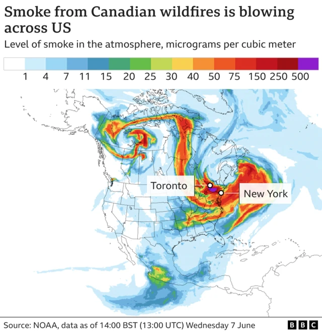 Map of smoke in North America