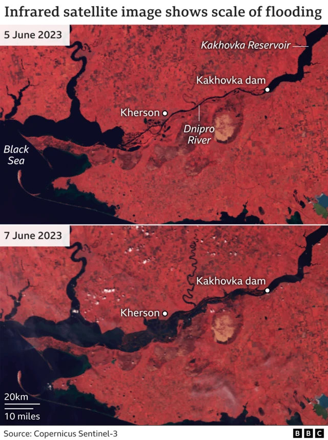 A graphic with infrared satellite imagery shows the Dnipro river on 5 June and on 7 June, after the Kakhova dam was breached and a significant area of land was flooded