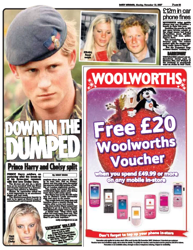 Story on Prince Harry headlined "Down in the Dumped"