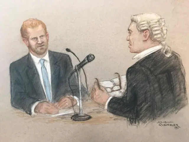 Court sketch of Andrew Green KC, the barrister representing MGN cross-examining Prince Harry at the Rolls Buildings in central London during the phone hacking trial brought by Duke of Sussex against Mirror Group Newspapers (MGN). 7 June 2023