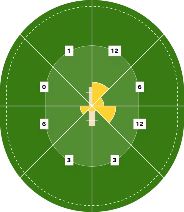 A wagonwheel graphic showing where David Warner scored his 43 runs - clockwise: 12, 6, 12, 3, 3, 6, 0, 1.