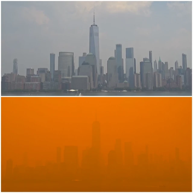 A view of the NYC skyline yesterday (above) and today