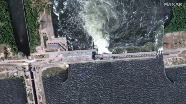 An aerial view of the Kakhovka dam