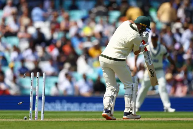 Australia's Marnus Labuschagne is bowled out by India's Mohammed Shami