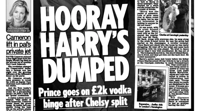 A headline in the paper which says "Hooray Harry's dumped"