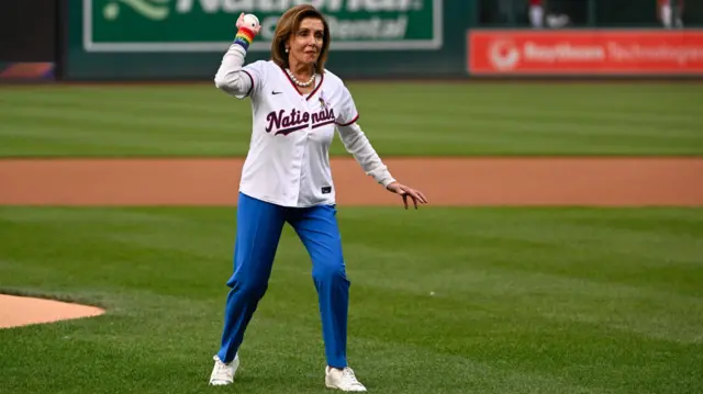 Former House of Representative Speaker Nancy Pelosi throws ceremonial first pitch before the game between the Washington Nationals and the Arizona Diamondbacks at Nationals Park, 6 June 2023