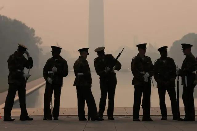 Members of the US Marine Corps rehearse at the Lincoln Memorial on 8 June 2023