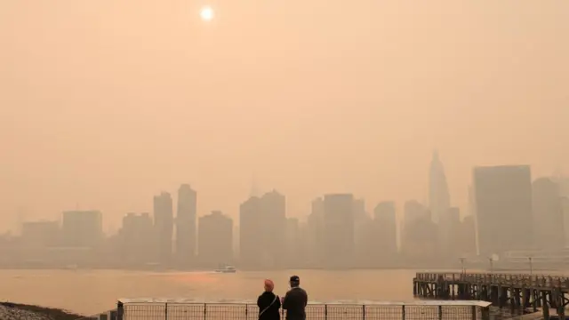 A smoky Manhattan skyline