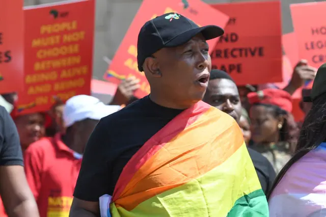 Julius Malema and members of the Economic Freedom Fighters picket against Uganda's anti-homosexuality bill at the Uganda High Commission in Pretoria, South Africa - 4 April 2023