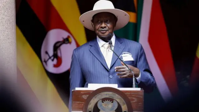 Ugandan President Yoweri Museveni speaks during a press conference after a meeting with South African President Cyril Ramaphosa (not seen) at the Union Buildings in Pretoria on 28 February, 2023.