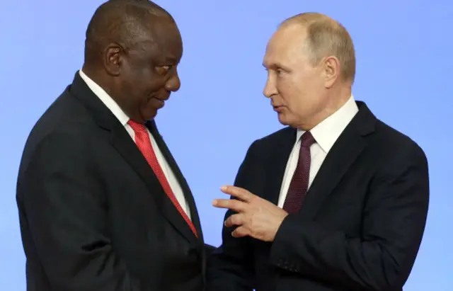 ussian President Vladimir Putin (R) greets South African President Cyril Ramaphosa (L) - 2019