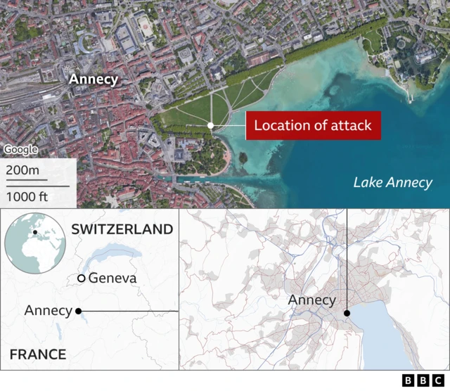 A BBC map of Annecy and where the attack took place, in a park near a lake