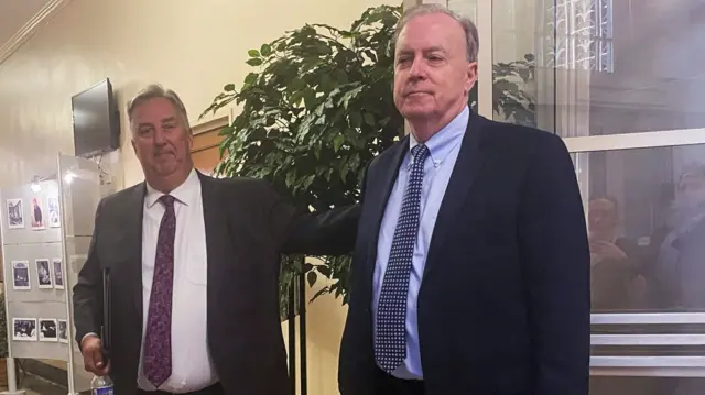 James Trusty and John Rowley, depart the US Justice Department after meeting with Justice Department officials over the Trump Mar-a-Lago classified documents case, after Trump's lawyers last month sent the department a letter asking for a meeting with U.S. Attorney General Merrick Garland, in Washington, U.S. June 5, 2023.