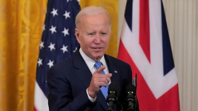 US President Joe Biden speaking alongside UK Prime Minister Rishi Sunak in Washington