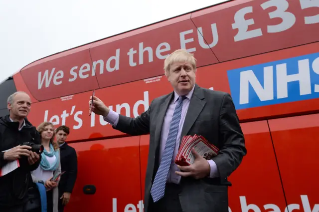 Boris Johnson in front of a Vote Leave bus