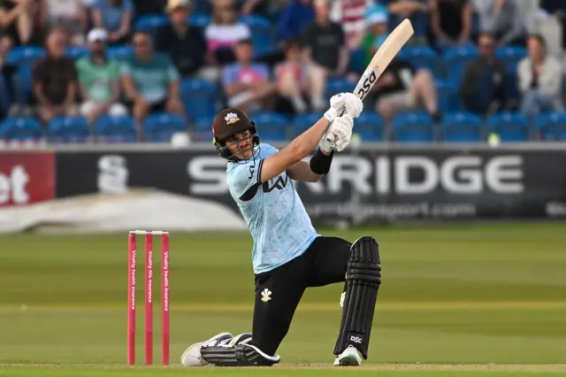 Surrey's Sean Abbott hits a six