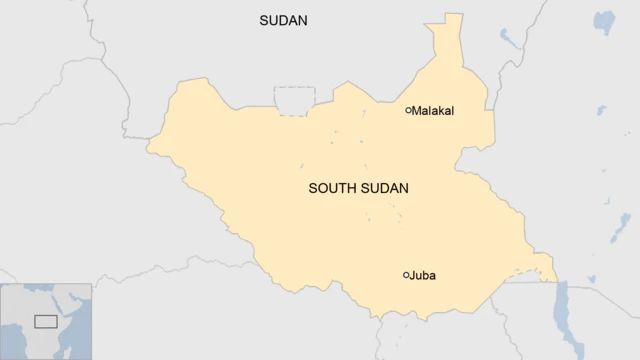 A map of South Sudan showing the capital Juba, and the location of the fighting Malakal.